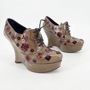 Prada Taupe Leather Floral Appliqué Lace Up Platform Wedge Booties IT 36.5
